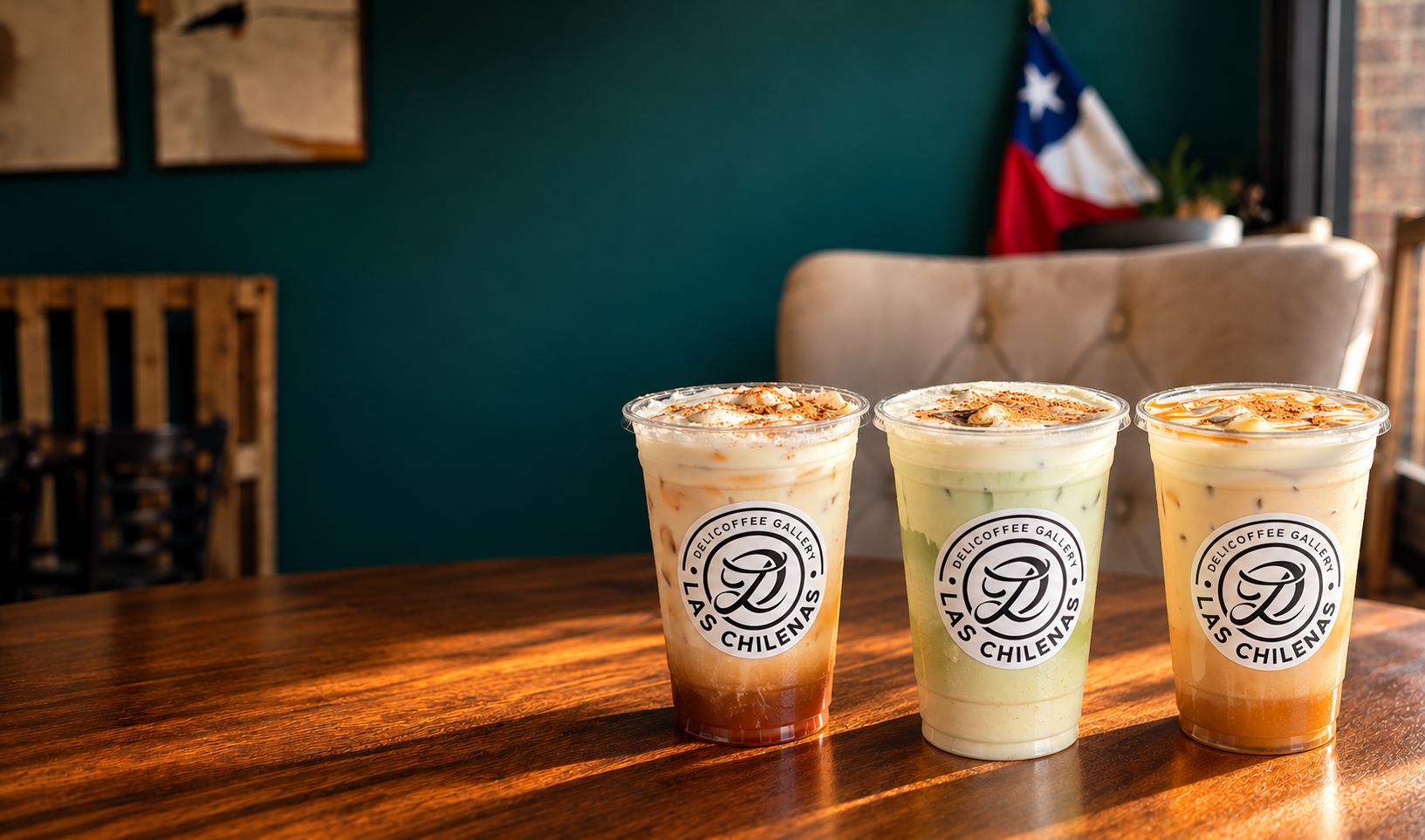 Fall favorites at Las Chilenas: pumpkin pie maple latte, apple pie matcha, and brown cinnamon latte